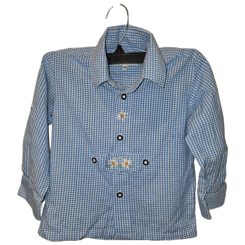 Isar Trachten Kids Blue Gingham Edelweiss Embroidery Cotton‎ Shirt Size 110